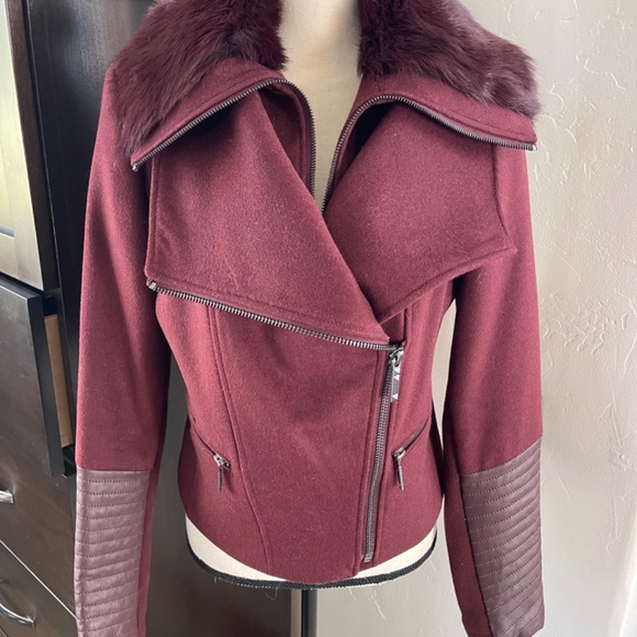 New Burgundy Wool and Fur Bomber Jacket - Picture 3 of 10
